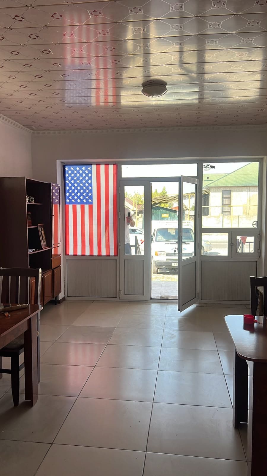 Looking out from inside the center towards the street